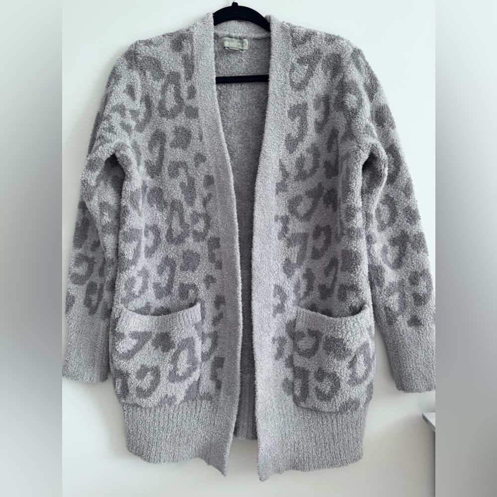 Barefoot Dreams Cozy Chic Leopard Cardigan Sweater Linen Warm Gray S - Picture 8 of 14
